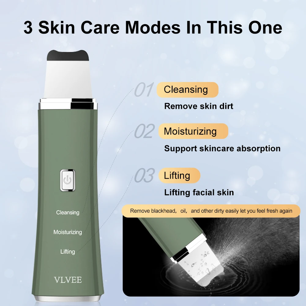 VLVEE Ultrasonic Skin Scrubber Face spatula Blackhead Removal Device Pore Cleansing Facial Lifting Vibration For Woman and Men