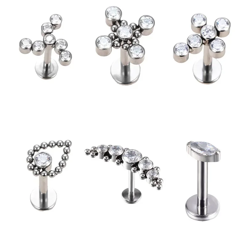 G23 Titanium CZ Lip ear Studs labret Ear Cartilage Tragus Helix Piercing Screw Fit Top 16g Gothic snug Piercing Body Jewelry