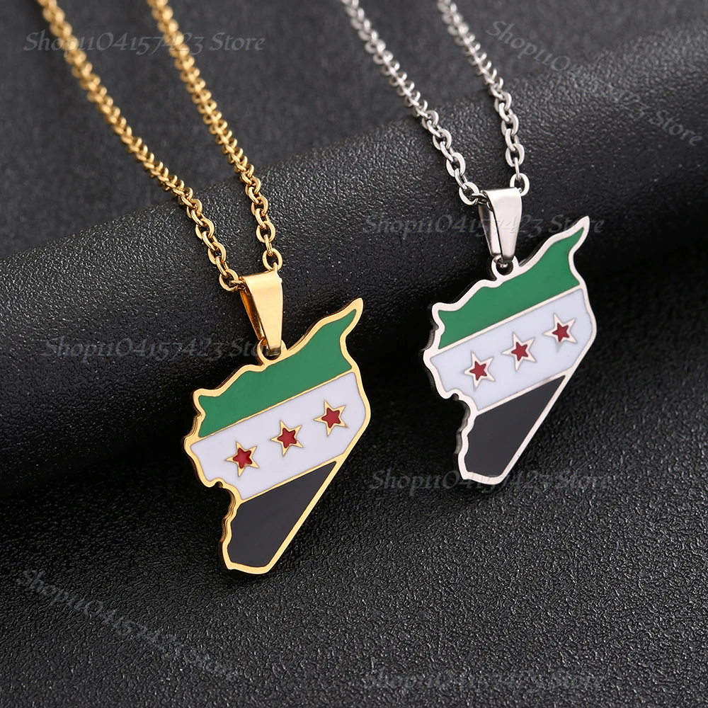 Syria Map Flag Pendant Necklace Stainless Steel For Women Men Gold Silver Color Charm Fashion Choker Syrians Jewelry Gift