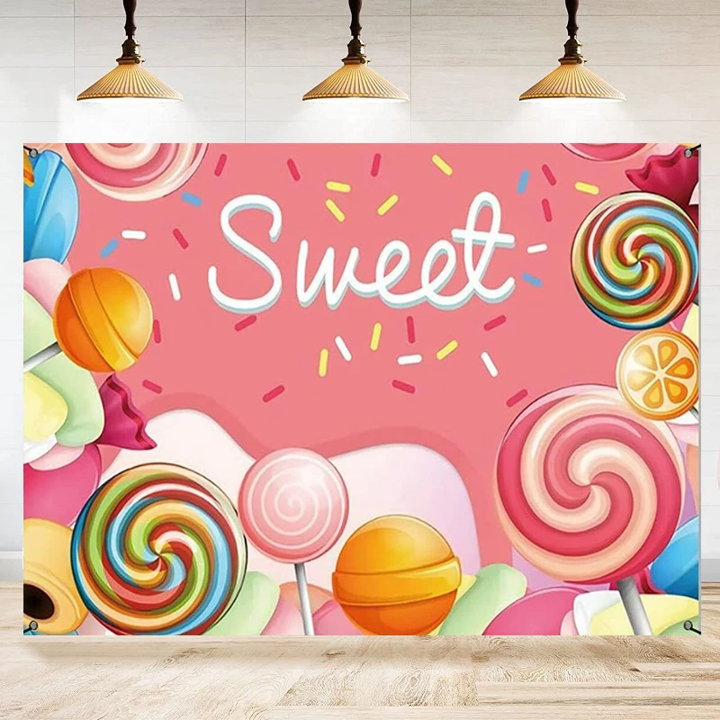 Photography Backdrop Lollipops Candyland Colorful Background Sweet Candy Land Theme Dessert Birthday Party Decorations Banner