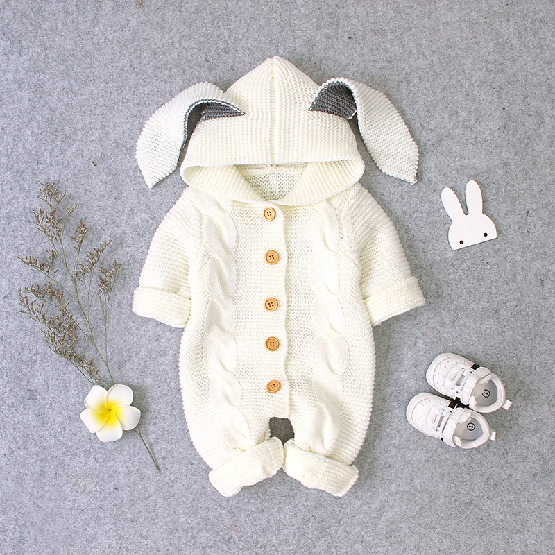 Newborn Baby Rompers Knit Boy Girl Jumpsuit Fashion Hooded Cute Ears Infant Kid Solid Clothing 0-18M Long Sleeve Overalls Autumn