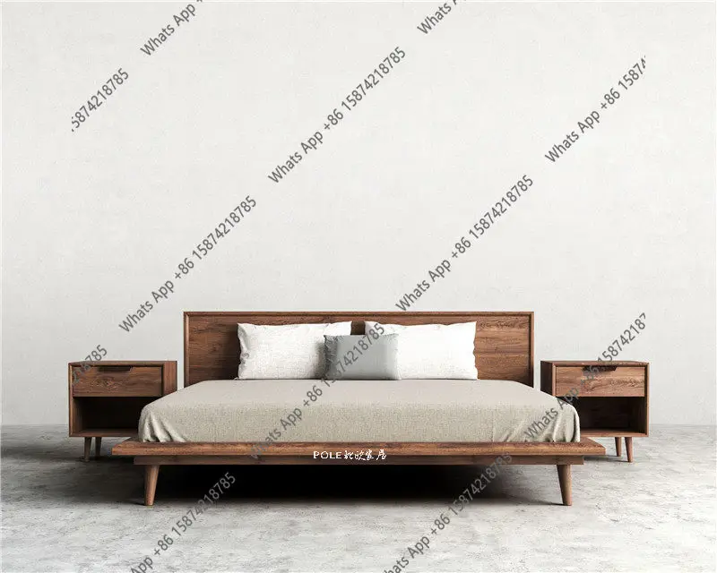 B Nordic Home Black Walnut Double Bed American Country Flat Bed Japanese Pure Solid Wood Bed Nordic Hard Minimalist Italian Mi