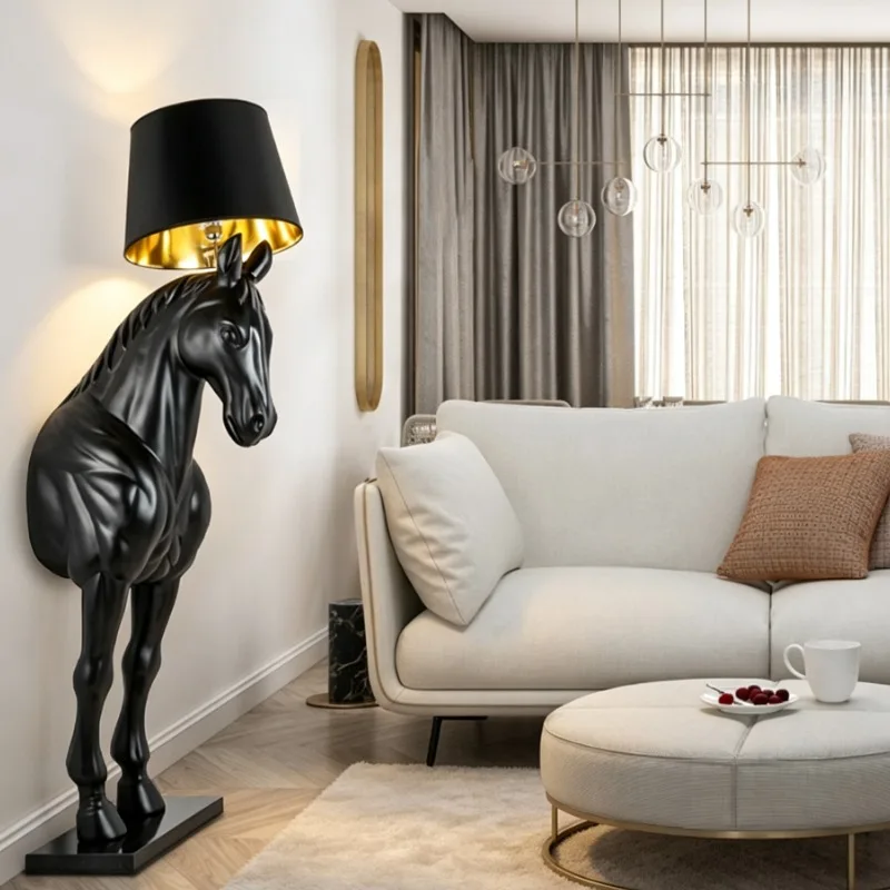 Nordic Black Horse Sculpture Floor Lamp with Gold Inner Shade Modern Art Decor for Living Room Hotel Lobby Villa Home Decoration