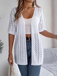 Casual Solid Color Short Sleeve Hollow Knitted Cardigan For Women