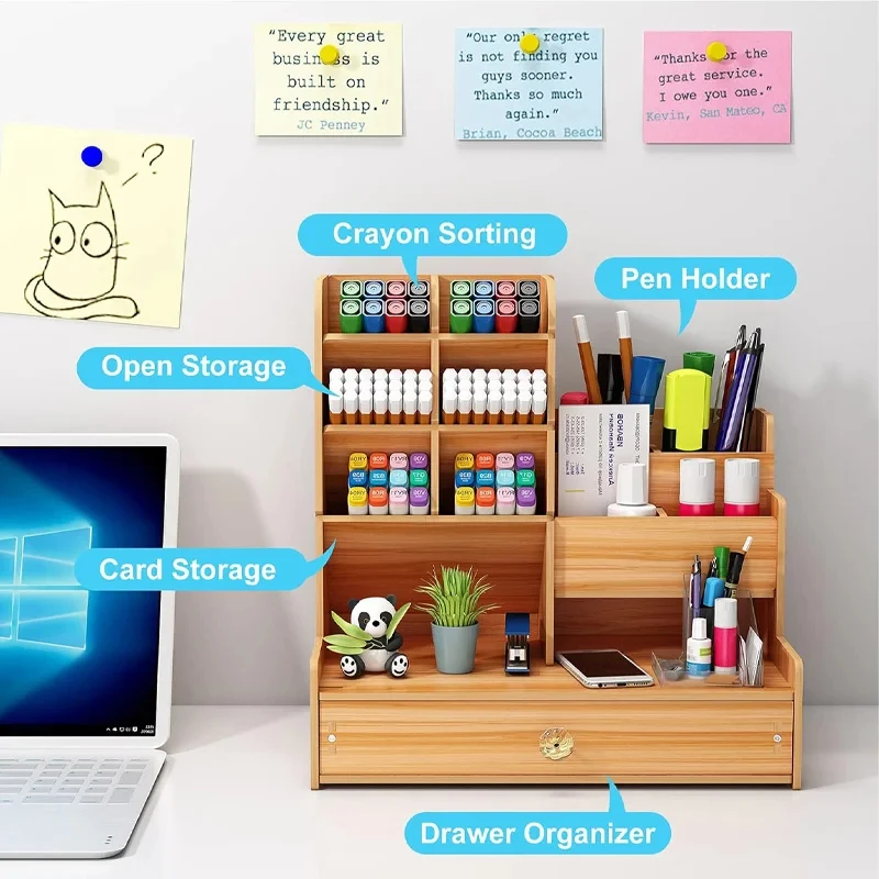 Large Capacity DIY Wooden Desktop Organizer with Drawer,Multi-FunctionStationeryPenStorage Boxfor Home, Office & School Supplies
