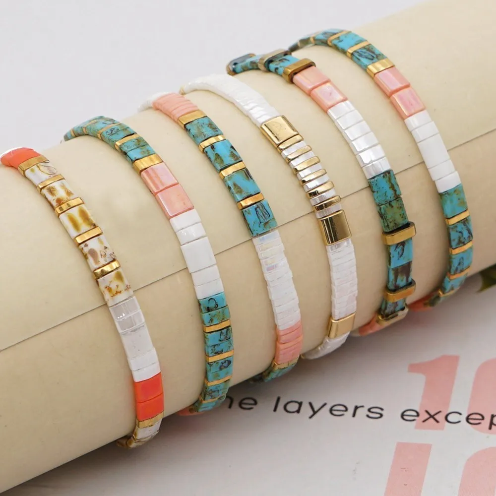 6mm Lucky Bohemian Ethnic Style Bracelet Hand String Tila Bead Woven Stingline Beaded Women's Multi-Layer Stacked Wear Feng Shui