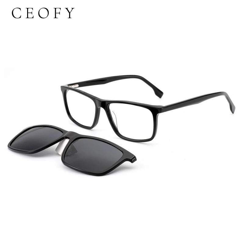 Ceofy Acetate Handmade Men Square Glasses Frame Retro Fashion Polarized Sun Clip Magnet Optical Prescription Eyeglasses Frame