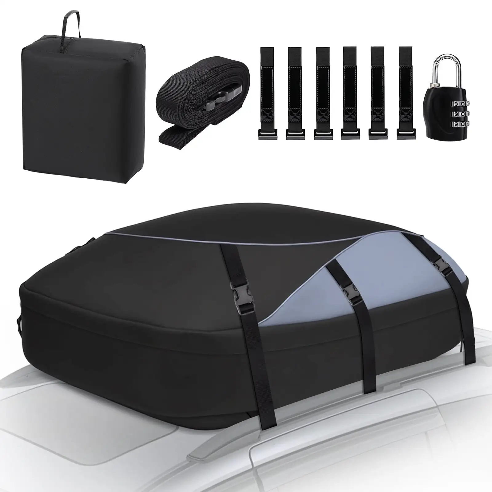 

25 Cubic Ft 1000D Waterproof Rooftop Cargo Bag, Soft-Shell Car Roof Carrier with Combination Lock, 6 Door Hooks, Reinforced Strap & Storage Bag, Fits With/Without Luggage Rack