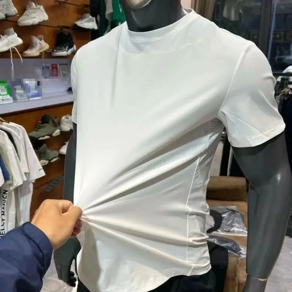 Solid Color Men's T-Shirt, Summer New Arrival, Outdoor Mesh Sports, Breathable, Elastic, Loose Casual, Quick-Drying Crew Neck image 3