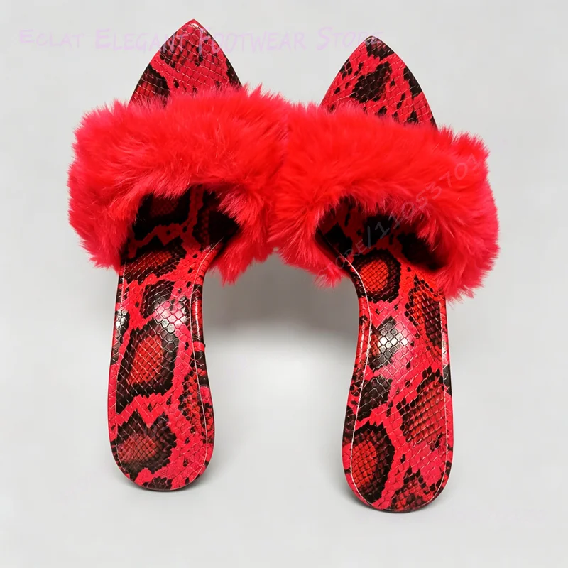 

Red Snakeskin Graffiti Short Plush Stiletto Sandal Women Leopard Print Sandals Cute Girl Feather Tassel Open Heels Vacation Shoe