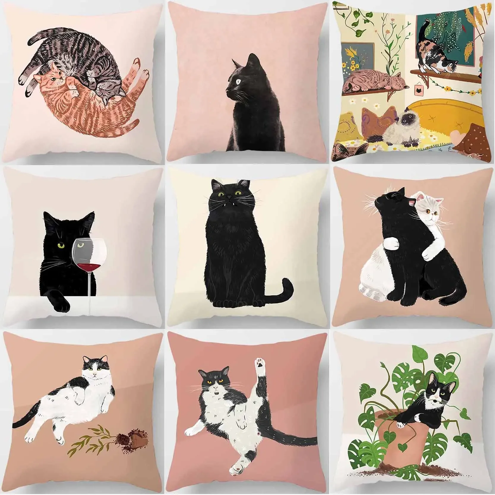 

Black & White Cat Pink Series Print Square Sofo Pillowslip Polyester Cushion Cover Peach Skin Pillowcase Living Room Home Decor