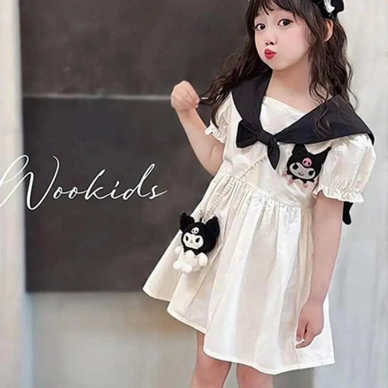 Girls Dress Kawaii Kuromi Children Navy Neck Dress Preppy Pleated Skirt Fashion Cute Princess Skirt Summer Children Clothes Gift