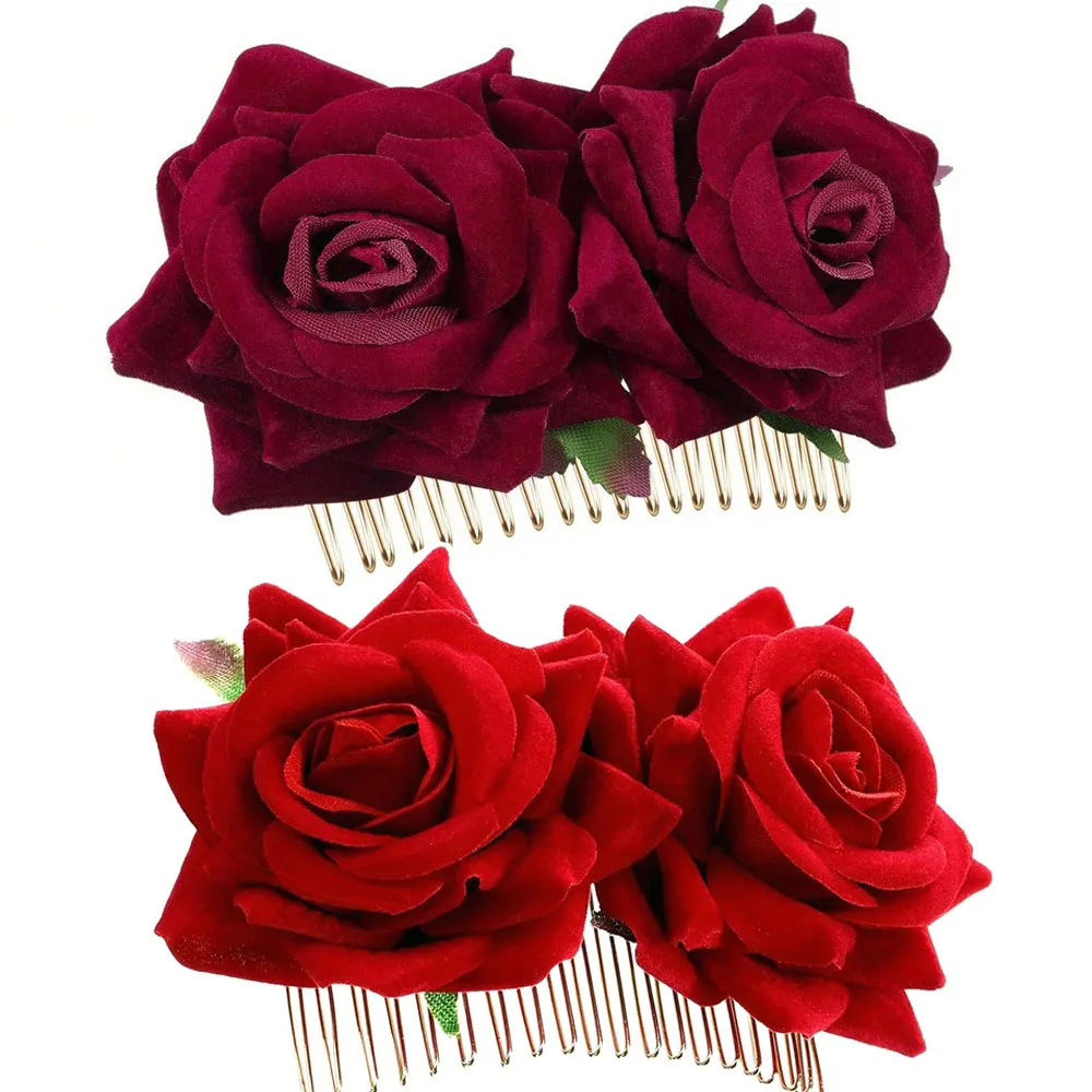 1 paquete de pinzas para el cabello con forma de flor rosa | Peinetas Laterales con Rosas y Flores de Flamenco para Disfraces del Día de Muertos, Accesorios Mexicanos para el Cabello