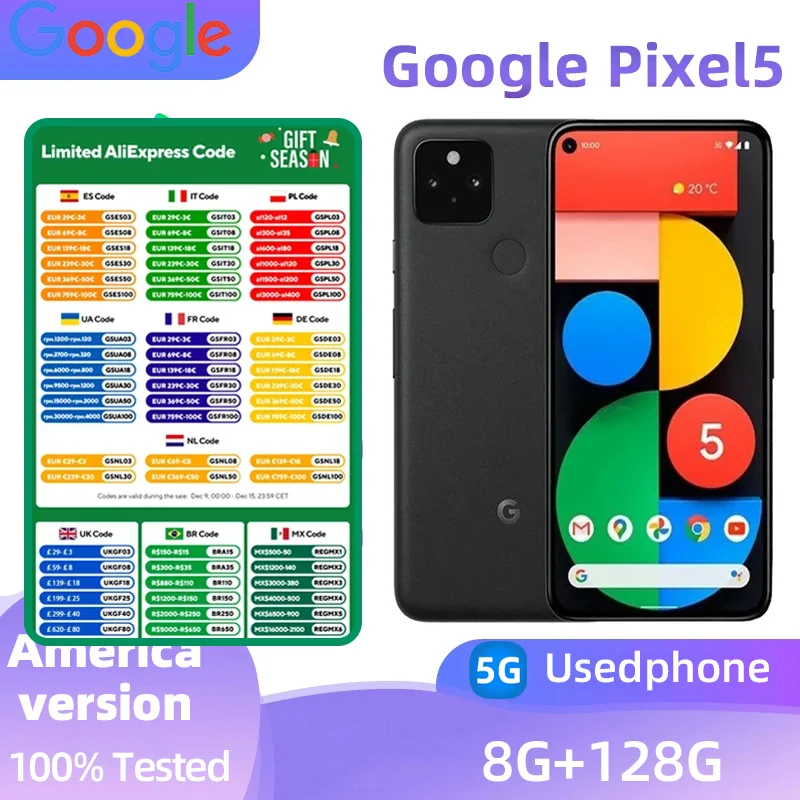 Google Pixel 5 5G SmartPhone 6.0 inch Screen  18W Charge CPU Qualcomm Snapdragon 756G 12MP Camera used phone