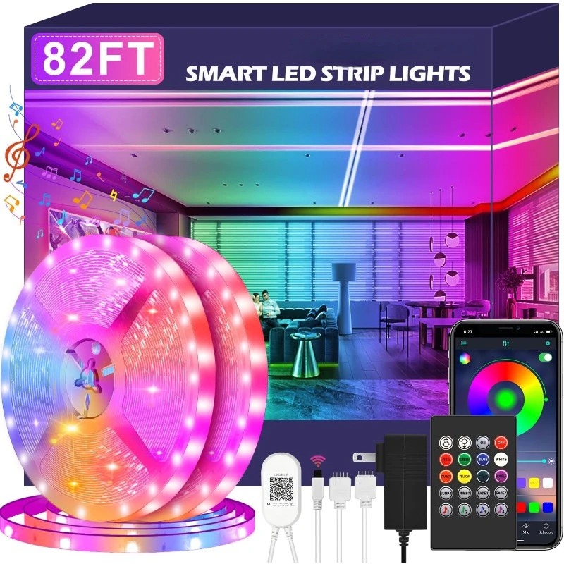 

Led Strip Lights, 82ft/25m Long Smart Led Light Strips Music Sync 5050 RGB Color Changing Rope Lights,Bluetooth APP/IR