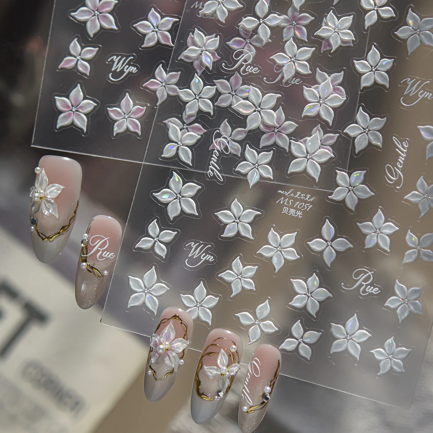 5D Gradient Pink Floral Nail Sticker Shell Glitter Semi-Transparent Flower Nail Charm Stickers Self-Adhesive Nail Art Decoration