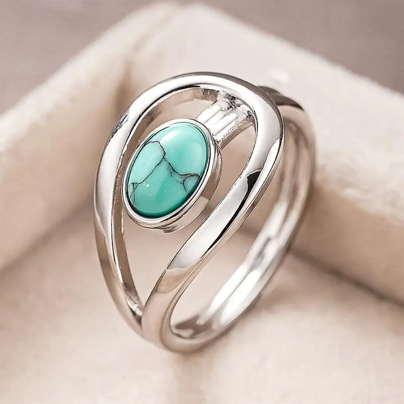 Huitan Created Turquoise Women Ring Geometric Design Silver Color Simple Party Daily Versatile Accessories Fashion Lady Jewelry