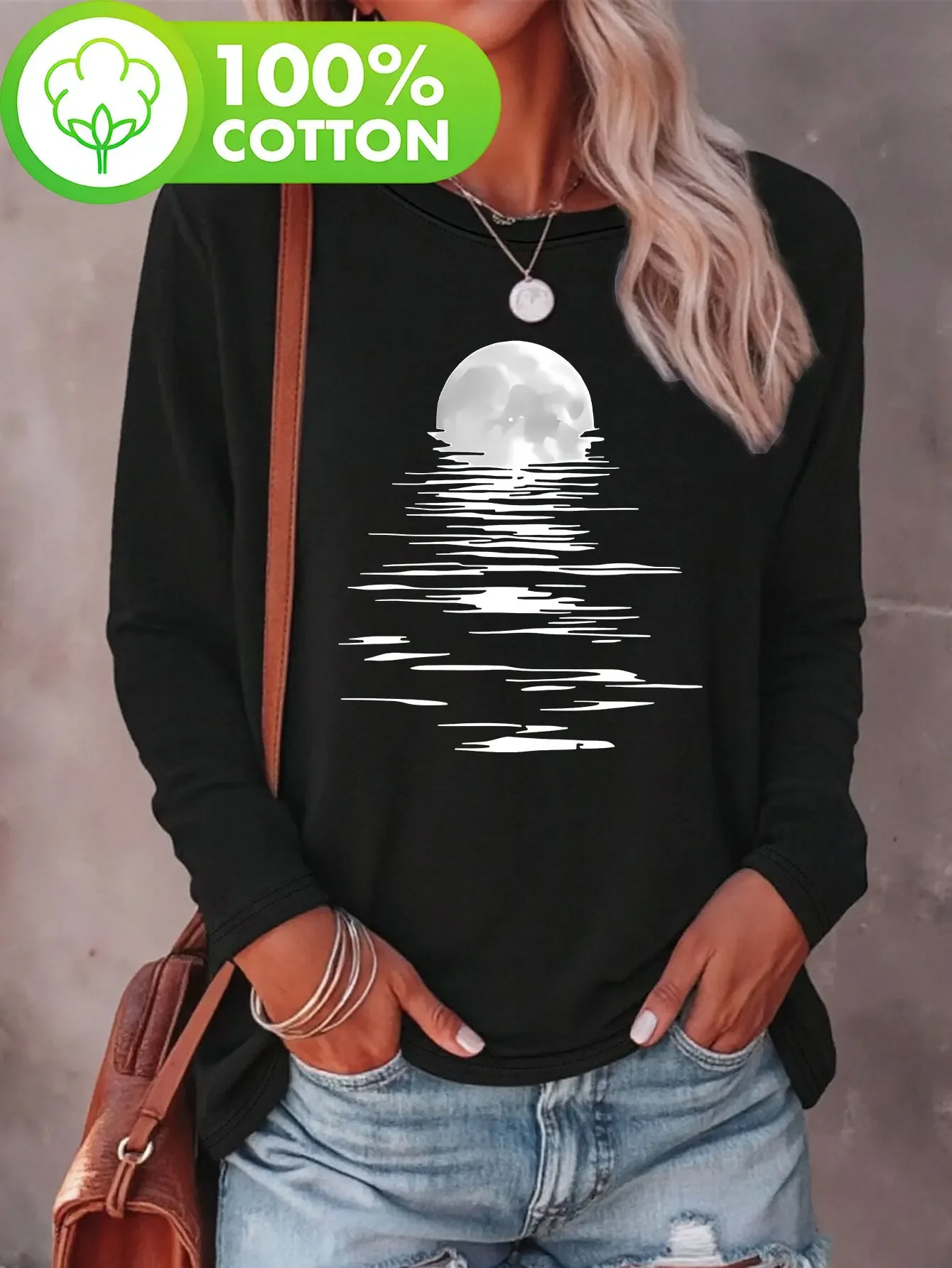 Harajuku Women'S 100% Cotton Moon Art Long Sleeve T-Shirt Casual Crew Neck Fall Winter Fashion Top with Moon & Stars Design