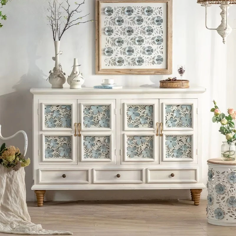 Furniture rustic solid wood modern vintage white sideboard emphasizes cabinets Nordic