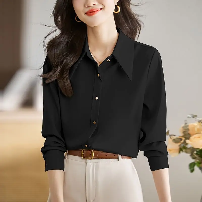 Spring Autumn Office Lady Solid Color Shirts Ladies Casual Interior Lapping Tops Buttons Women\'s Clothing Intellectual Blouses