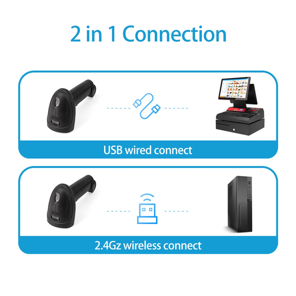 Wireless 1D Barcode Scanner 2.4G BT USB Wired Scanner CCD Scanning Head for Paper Screen Codes for Retail Logistics Warehouse