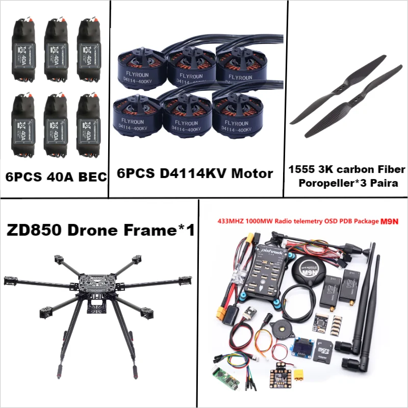 ZD850 Pixhawk 2.4.8 M9N Telaio esa-rotore completamente in fibra di carbonio 850mm BLHELI 40A ESC Comando di volo Set di telemetria Rado