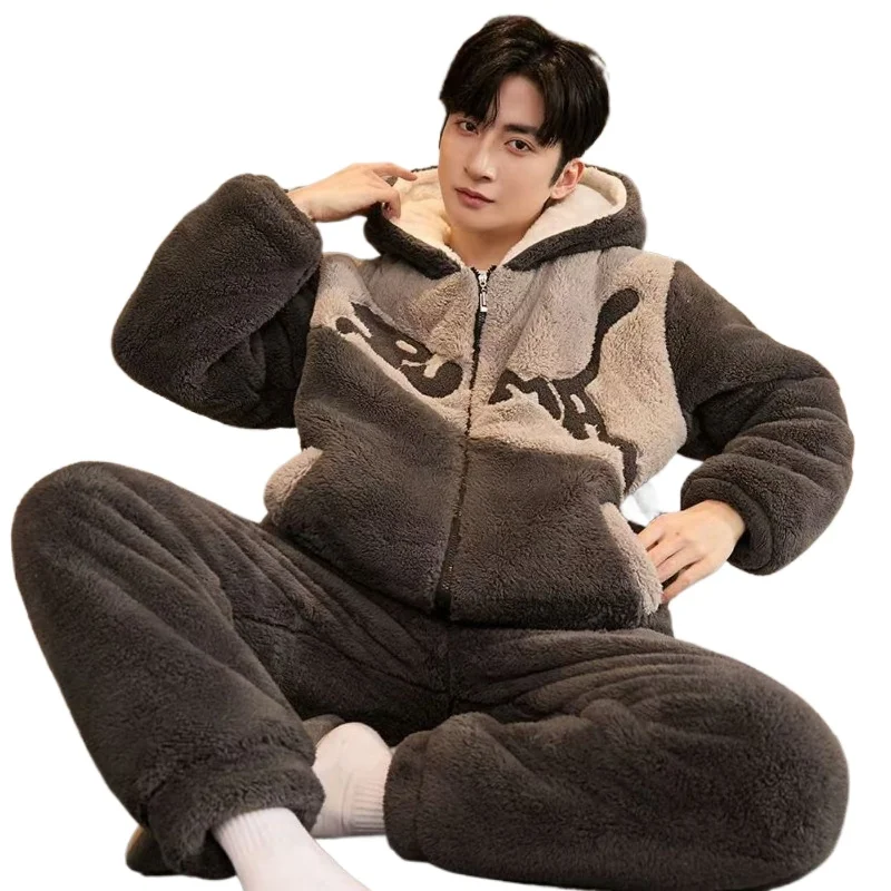 High School Student Hooded Underwear Pajamas Men's Winter Coral Fleece Thickened Fleece Large Size Autumn and Winter Men's Teen