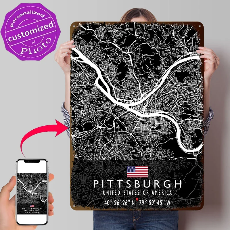 PITTSBURGH MAP USA 3D Texture Metal Poster Customized Wall Art Tin Sign Gift for Mancave Gaming Room Decoration Cozy Wand Deko