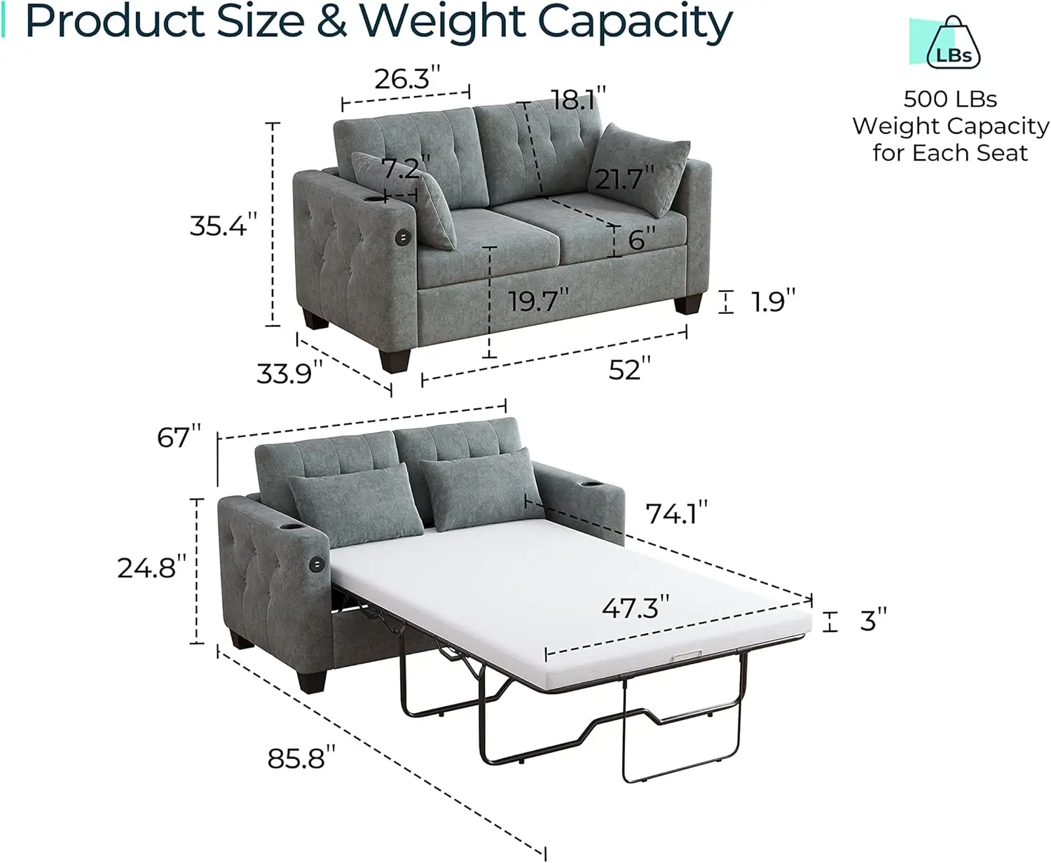 Pull Out Sofa Bed 2-in-1 Convertible Sleeper Couch with Memory Foam Mattress and Solid Wood Bed Frame Dark Grey Full Size