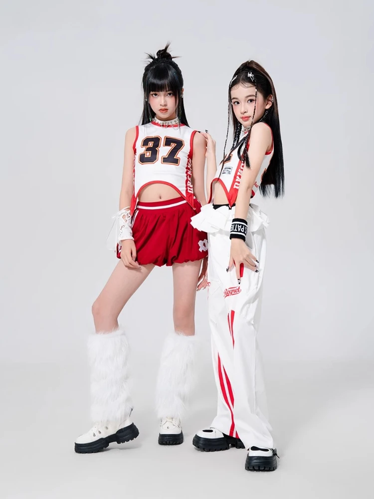 Ropa de actuación de Hip-hop para niñas, trajes de escenario K-pop, ropa de baile de Jazz, Tops cortos, falda roja, pantalones blancos, conjuntos de fiesta de grupo Rave