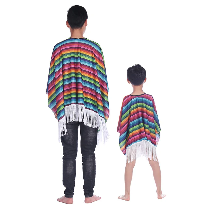 Kid Adult Mexican Party Costume mantello a righe Poncho Sombrero Hat occhiali da sole Set di baffi per Fiesta messicana carnevale di Halloween