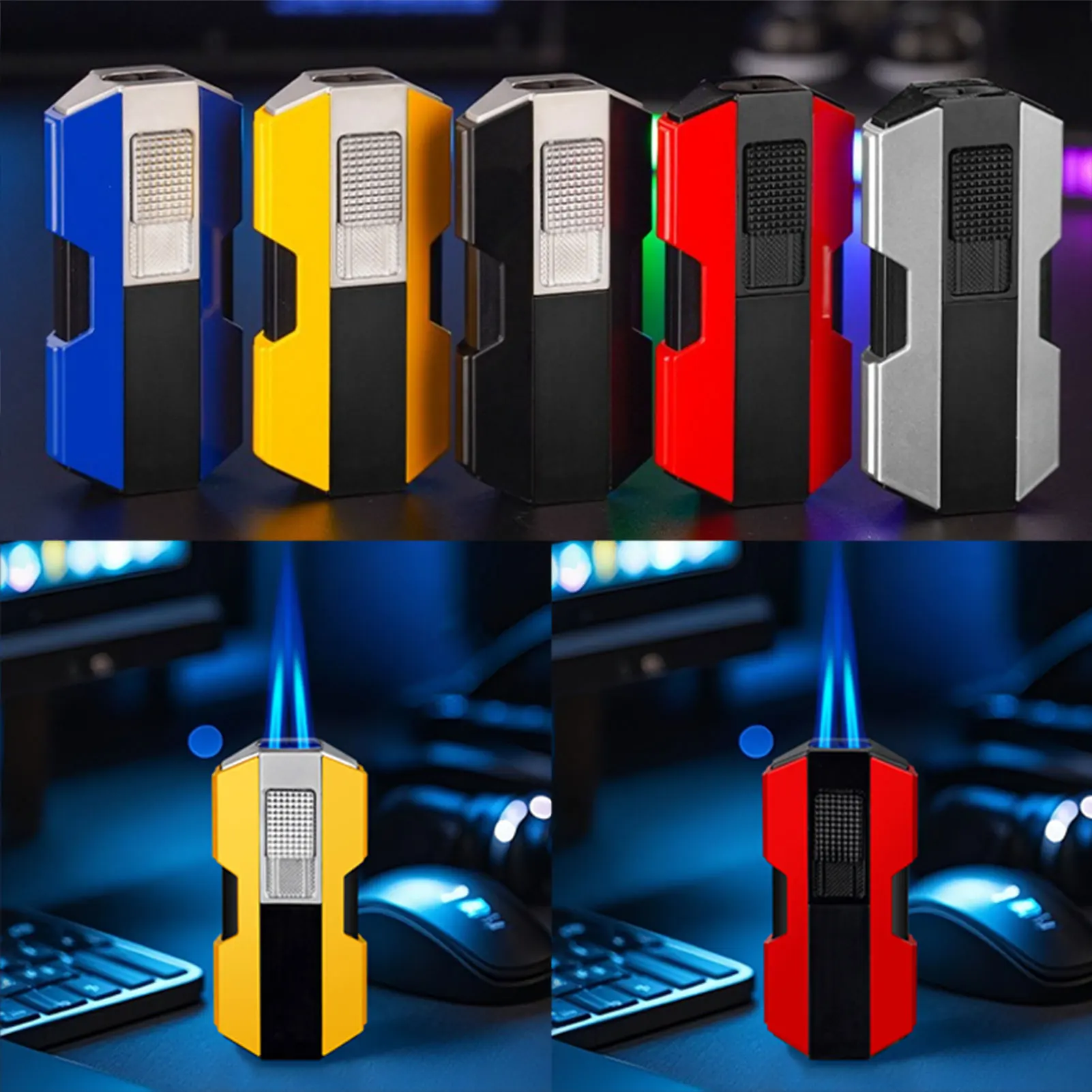 

Mecha-Shaped Lighter Windproof Straight Torch Lighter Reusable Dual Jet-Flames with Cigars Punch Male Present