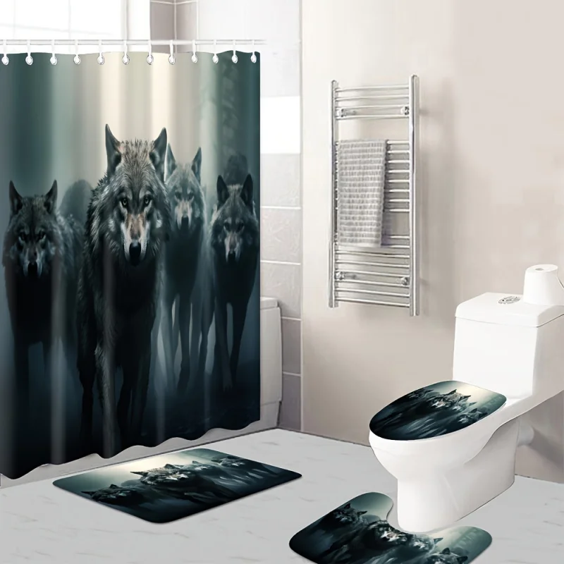 1/4pcs Wolf Pattern Set, Shower Curtain With 12 Hooks, Non-Slip Bath , U-Shaped , Toilet Mat, Bathro