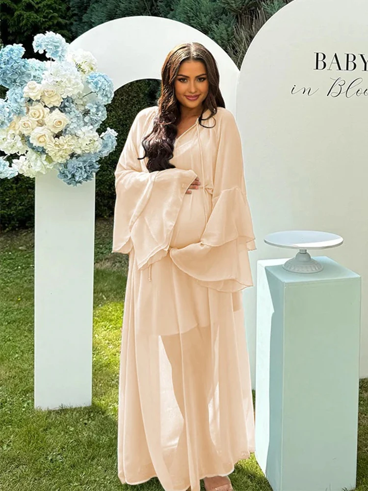 マタニティ写真撮影ドレス-ベルスリーブ-シフォンガウン-vネック-妊娠写真撮影ドレス-妊婦用エレガントな衣装