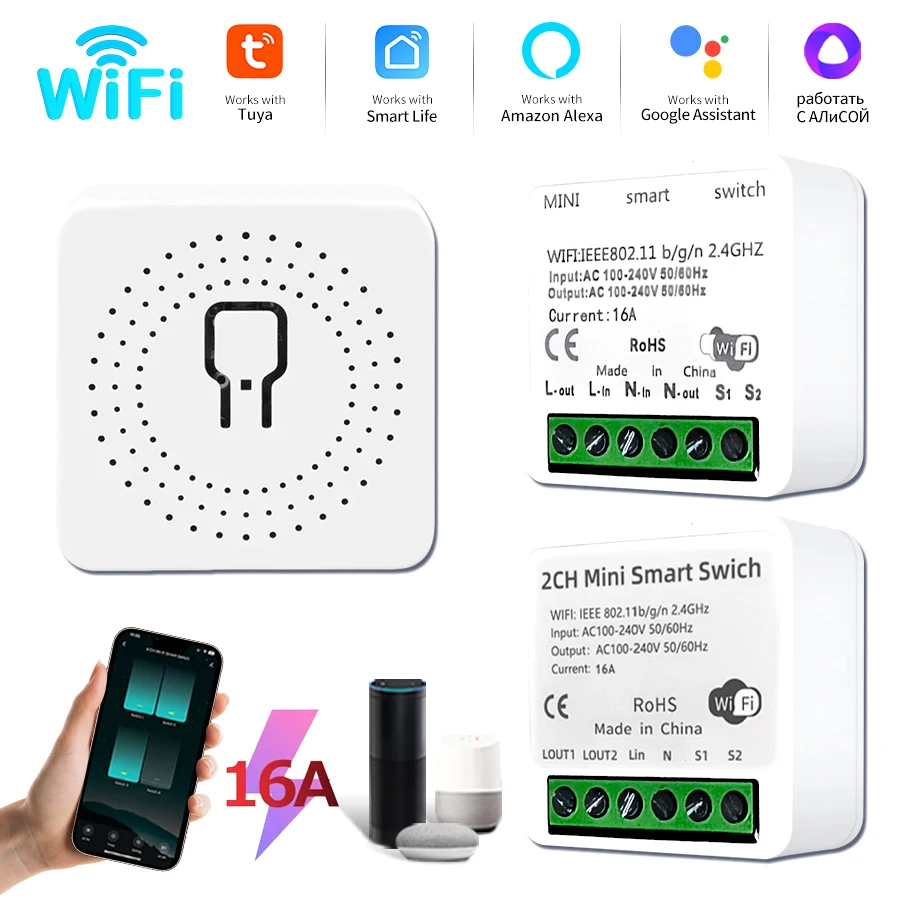 

Tuya WIFI Smart Switch Module Smart Life App 1/2 Gang 2 Way Control Light Switches Support Alexa Google Home Alice Voice Control