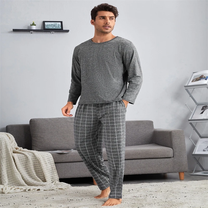 

Soft Men's Solid 2Pcs Pajama Long-Sleeve Round Neck Top And Long Pants Casual Plus Size Fit Sleepwear Loungewear Home Suit Set