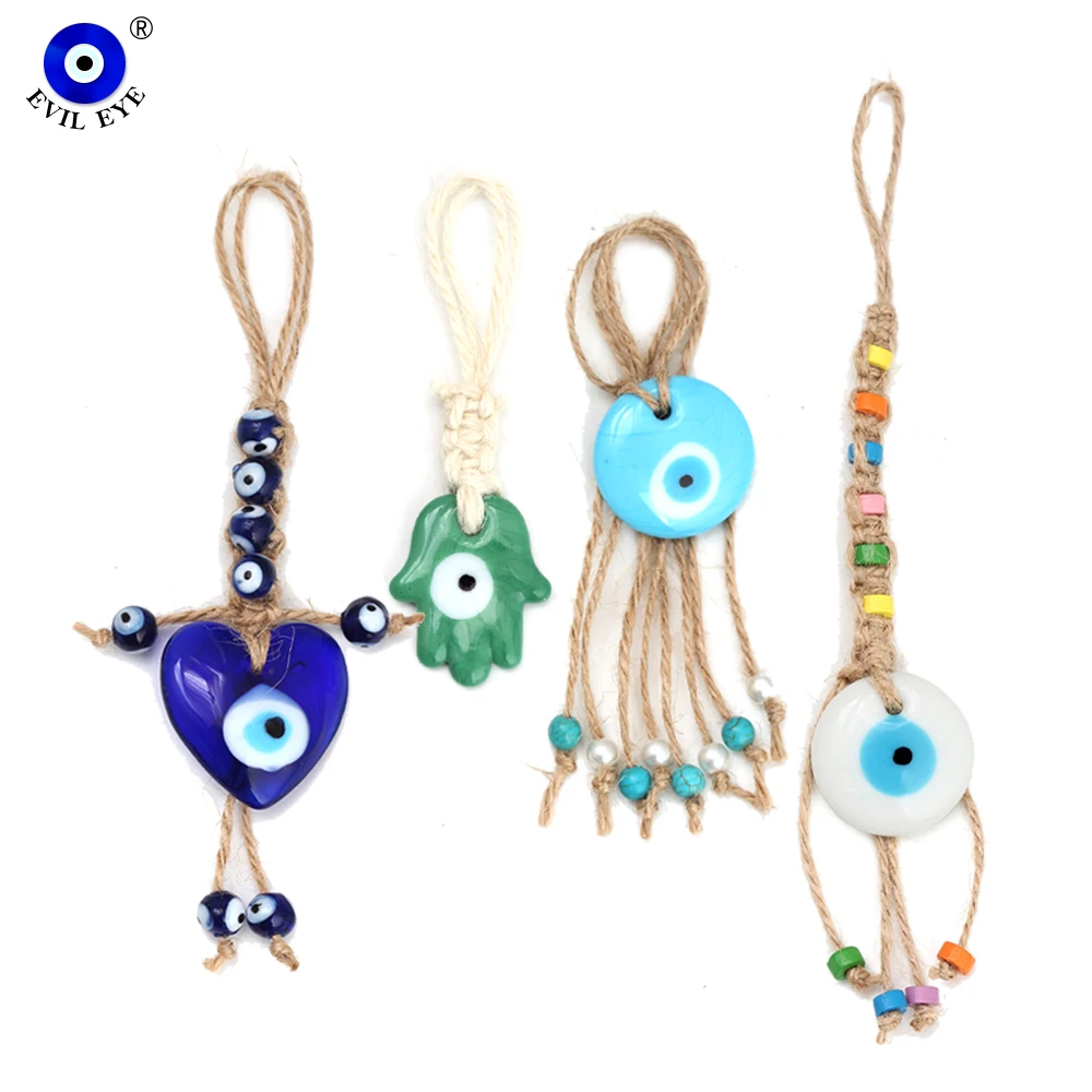 EVIL EYE Glass Heart Hamsa Hand Pendant Wall Hanging Braided Rope Tassel Keychain Car Keyring llavero porte clé מחזיק מפתחות