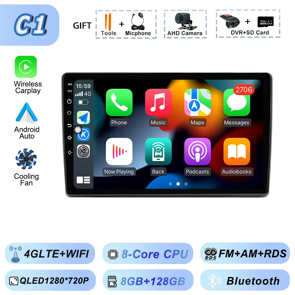 Video Speler Carplay Autoradio voor Fiat Ducato 2007 2008 2009 2010 2011 2012-2015 Android 15 Stereo multimedia BT Auto Android