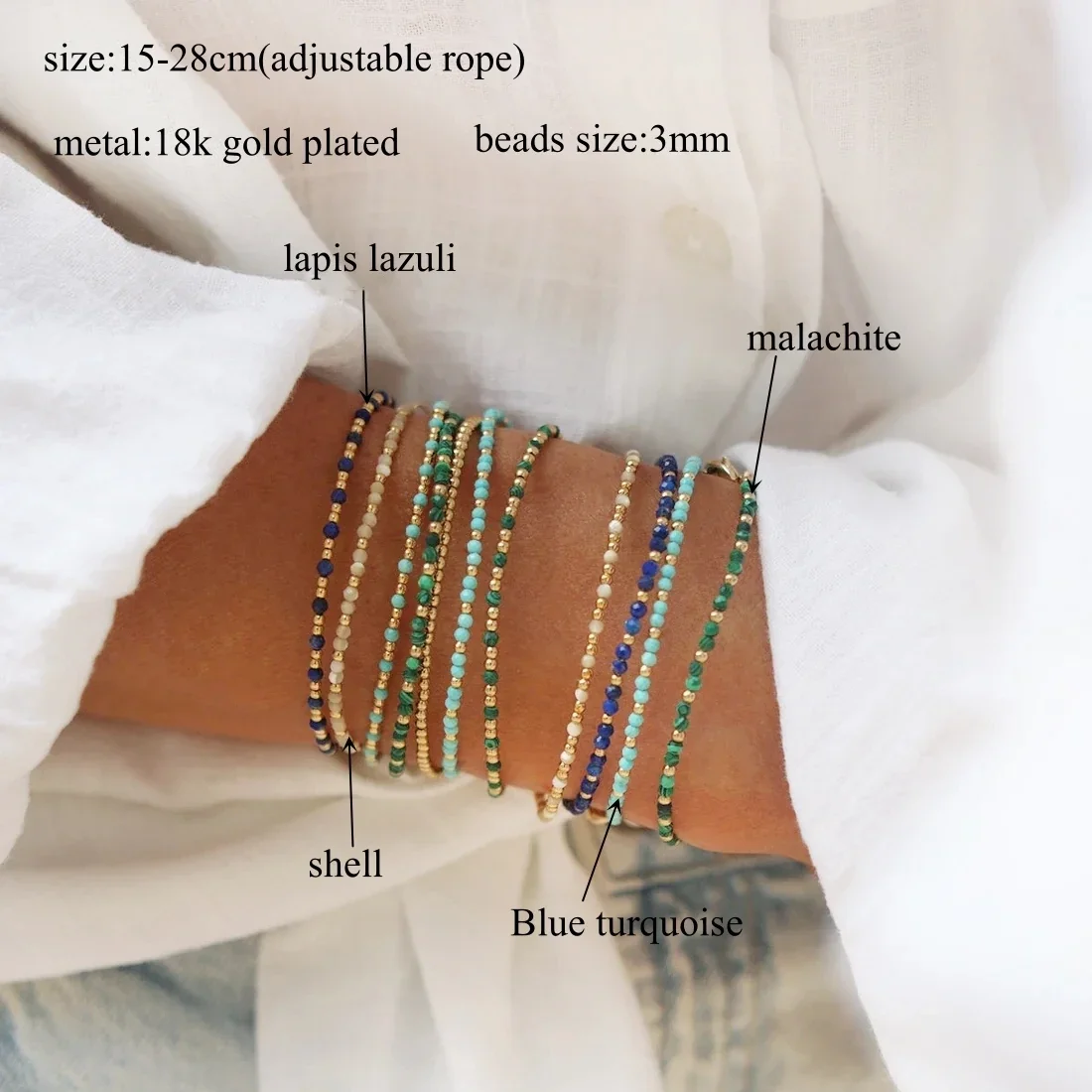 CCGOOD 3mm Natural Stone Beaded Summer Bracelets for Women Gold Plated 18 K Boho Jewelry Beach Style Bracelet Pulseras