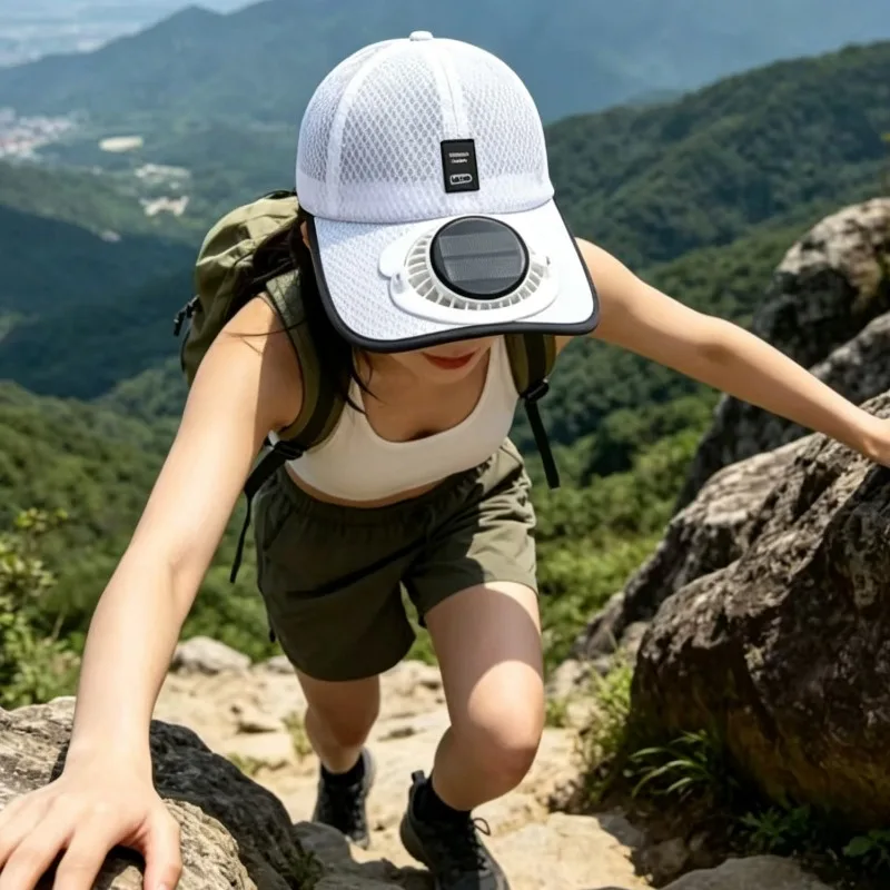 E9 USB Rechargeable Solar Cooling Hat Outdoor Baseball Cap Built in Fan Breathable Mesh Adjustable Wind Speed Camping Fishing