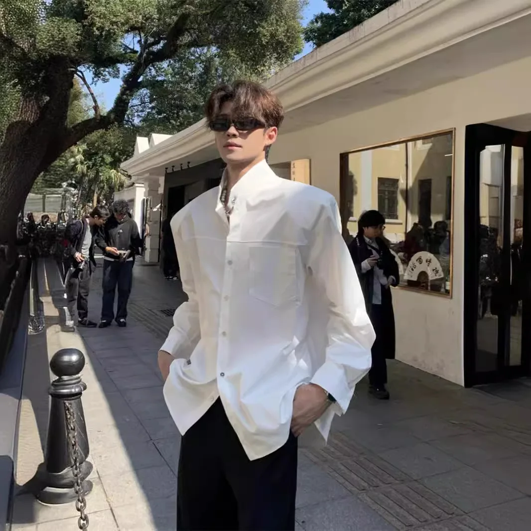 

Niche Minimalist Shoulder Padded Shirt Men's Loose Stand-up Collar Silhouette Metal Long-sleeved Shirt Trendy