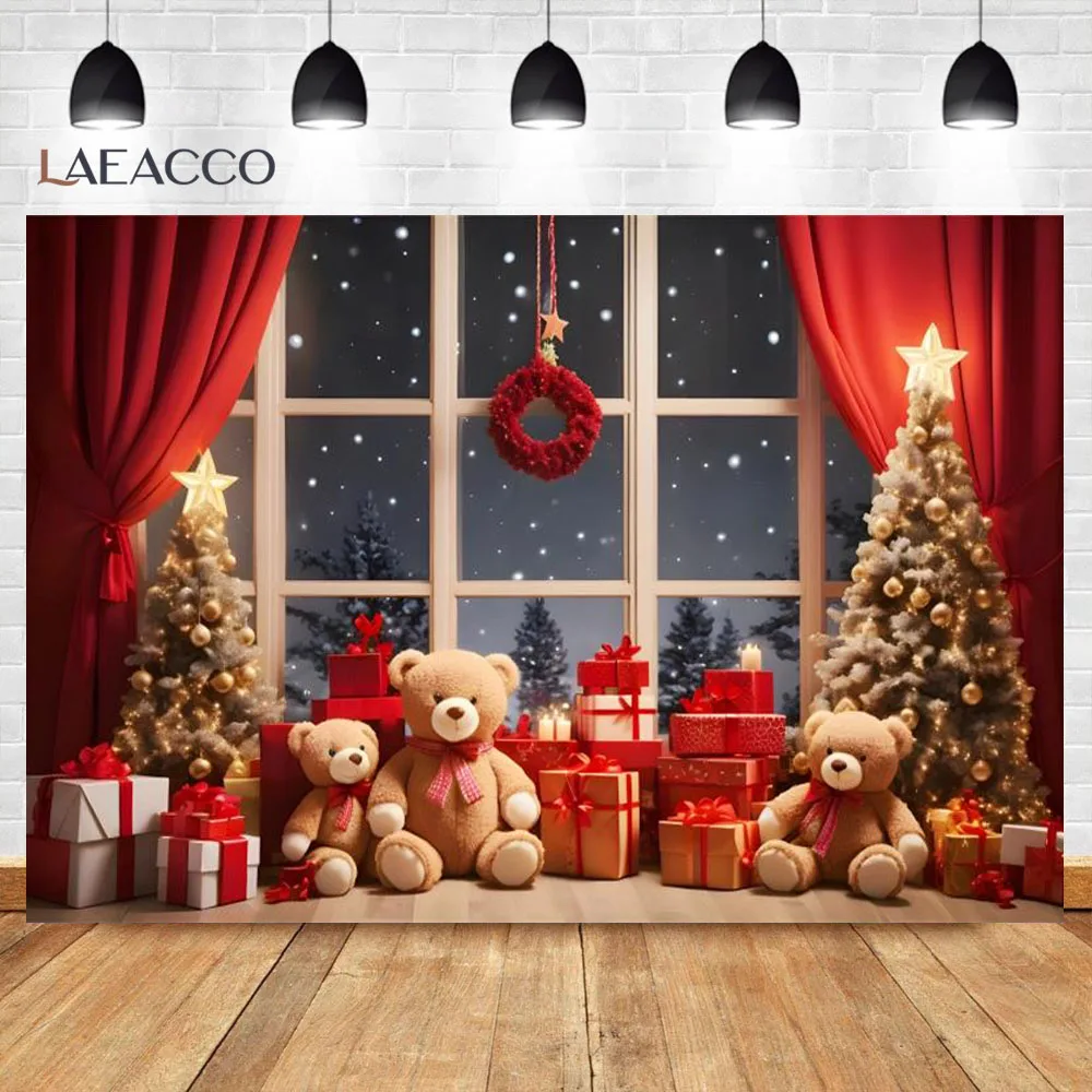 Merry Christmas Photography Background Window Red Curtain Fireplace Xmas Tree Gift Teddy Bear Wood Floor Baby Portrait Backdrop