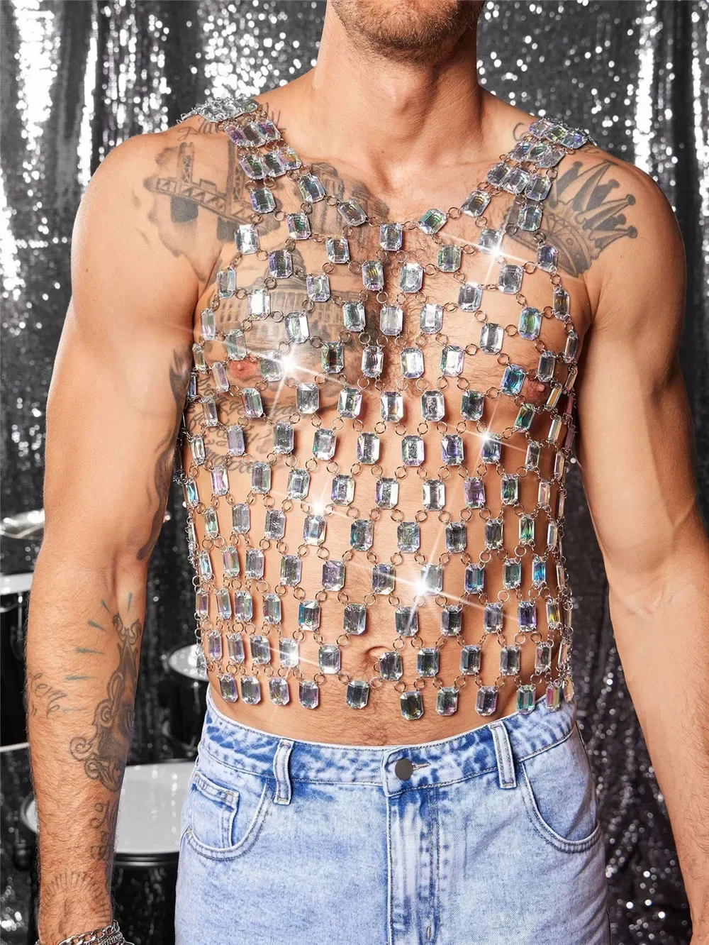 

European And American Cyberpunk Men'S Diamond-Encrusted Vest Heavy Metal Studded Gemstone Mesh Top Nightclub Party Stage Armor