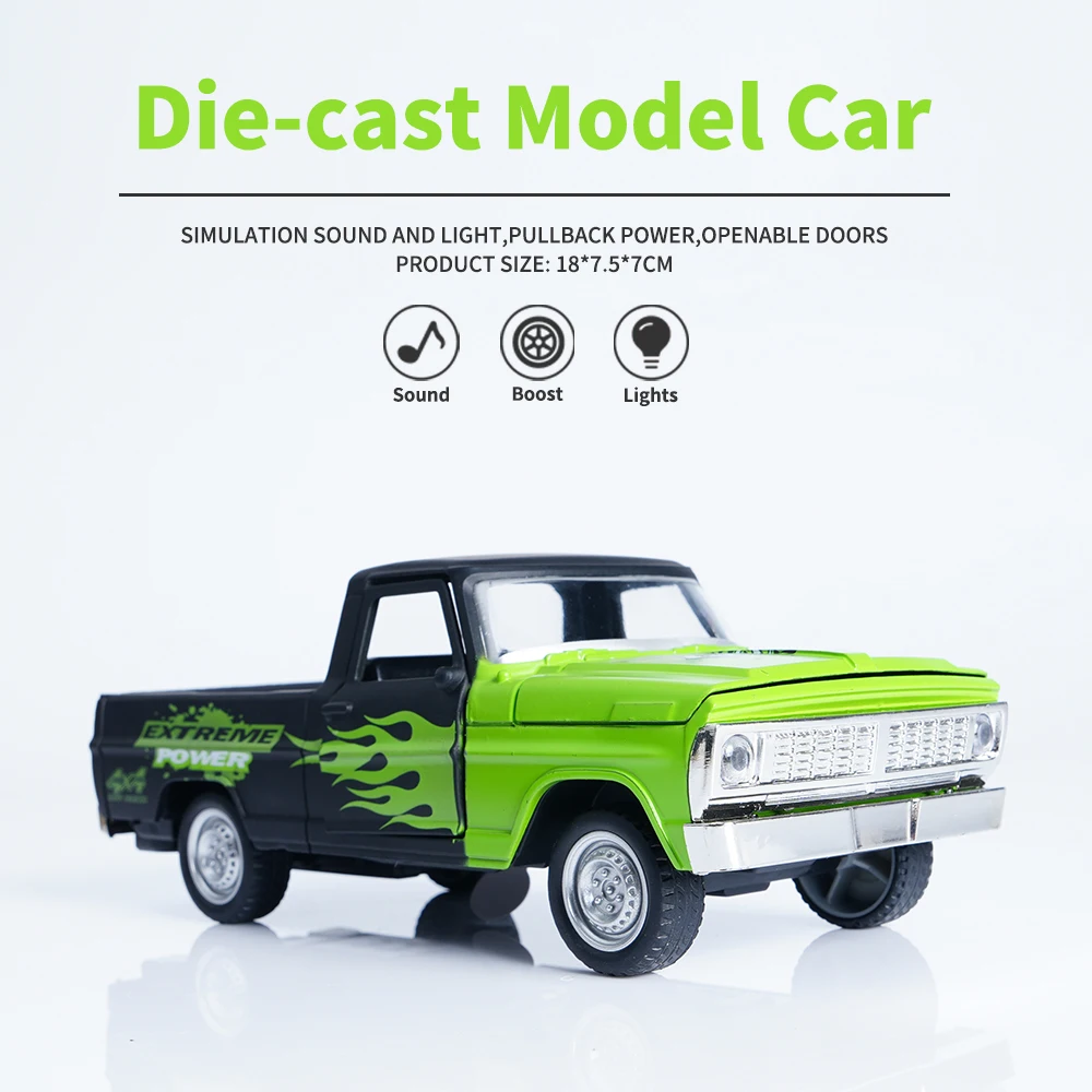 Re pickup in lega verde fluorescente 1:24! Il corpo retrò + Flame Latte Art e il cofano dell'auto può essere aperto e iniziato in pochi secondi, gioca come una carta in pelle, un ventilatore per auto/festa di raccolta non mancante: maneggiano la passione fuoristrada" tenendo la mano