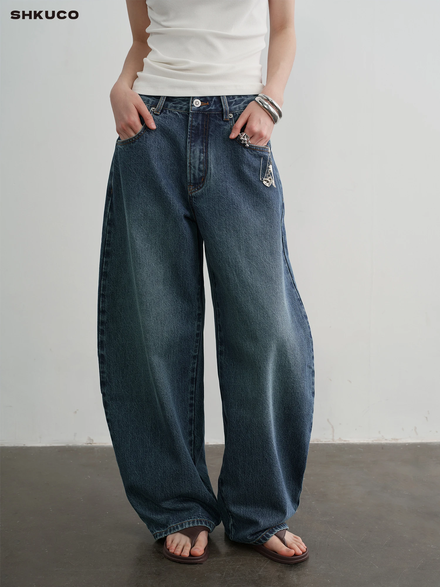 SHKUCO Vintage Washed Bananas Silhouette Casual Cotton Jeans 3D Tailoring Loose Fit Neutral Style Natural Waist Jeans