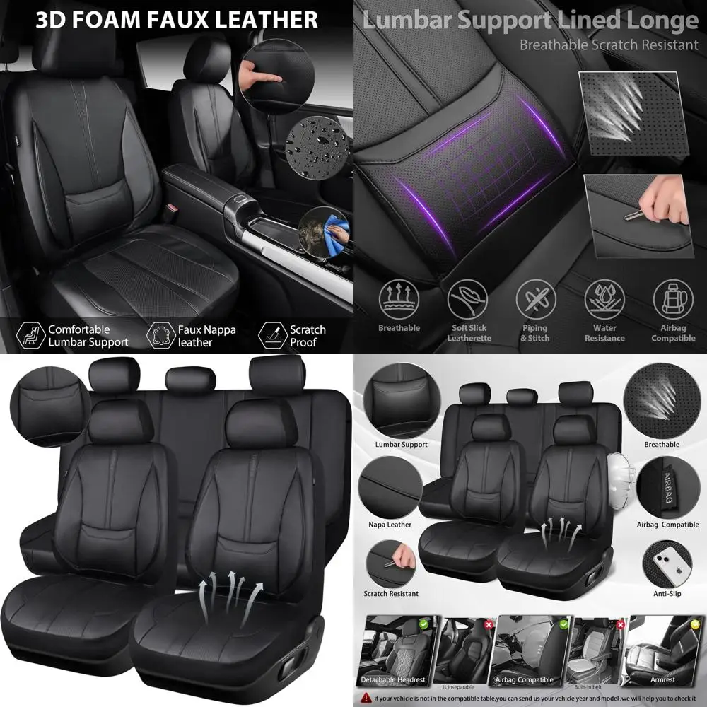 

Universal Fit 3D Foam Nappa Leather Seat Covers, Water-Resistant with Lumbar Support, 5-Seat Set for Cars, SUVs, and Trucks, Bla