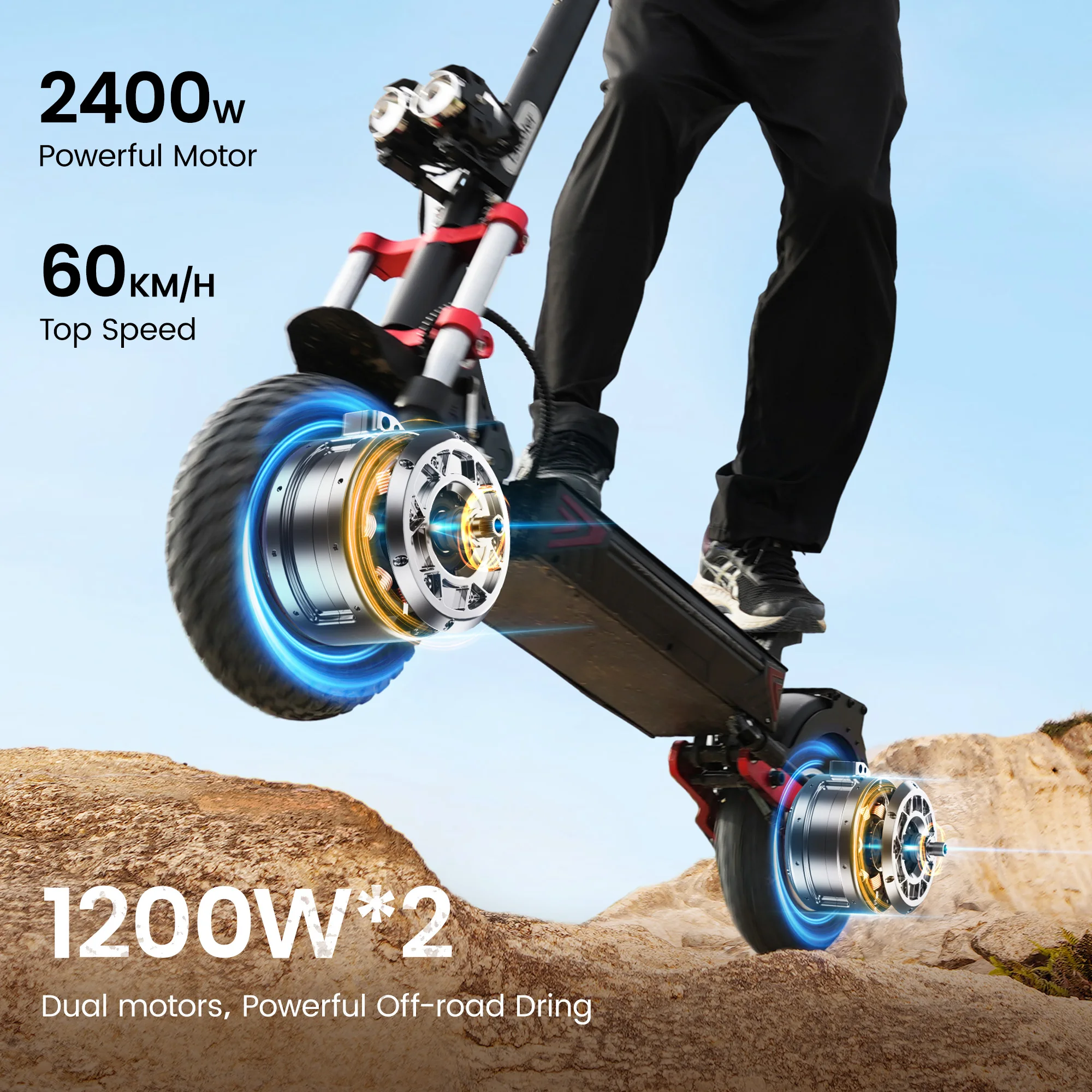 iScooter iX8 12inch Off-Road Electric Scooter Dual Motors 2400W 48V 20Ah Battery 65-70KM Range, 4 Speeds 60KM/H Max with app