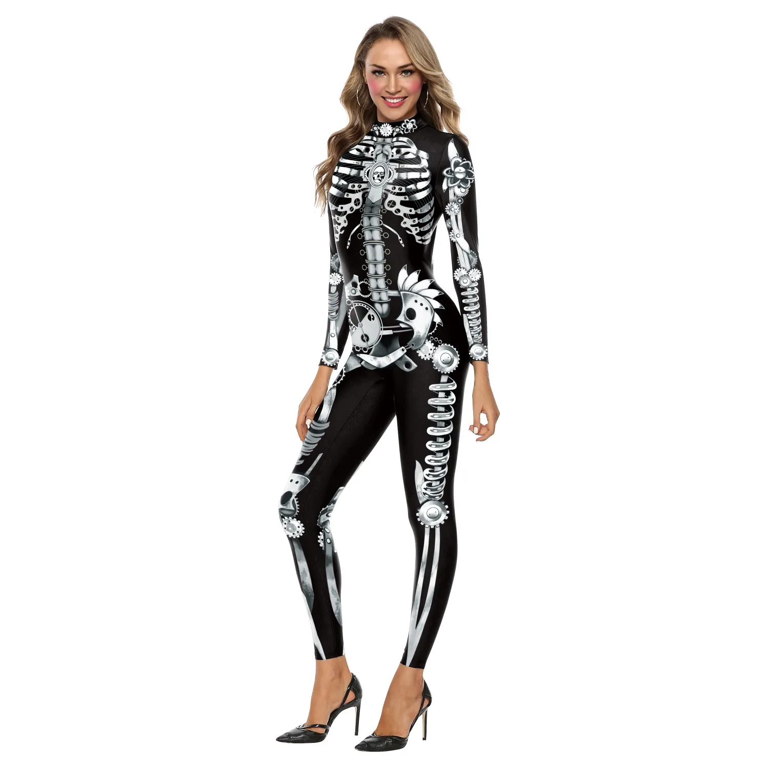 Disfraz de fiesta de Halloween para mujer, mono de manga larga con estampado de Calavera, traje de esqueleto para adultos