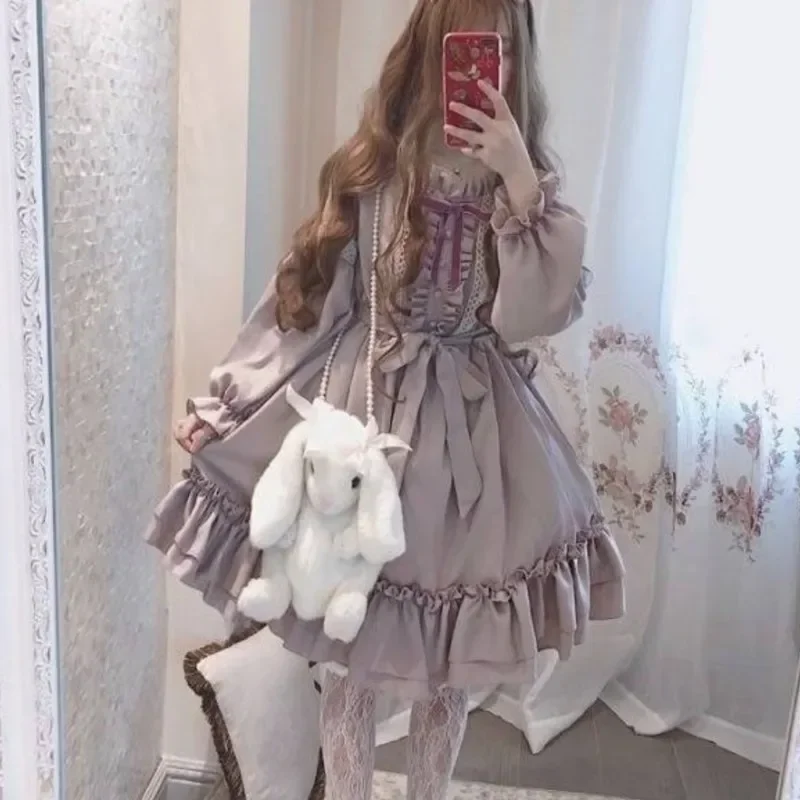 Lovely Women Lolita Op Dress Lace Decoration Japanese Harajuku Long sleeved Doll Youth Dress Fairy Vestidos