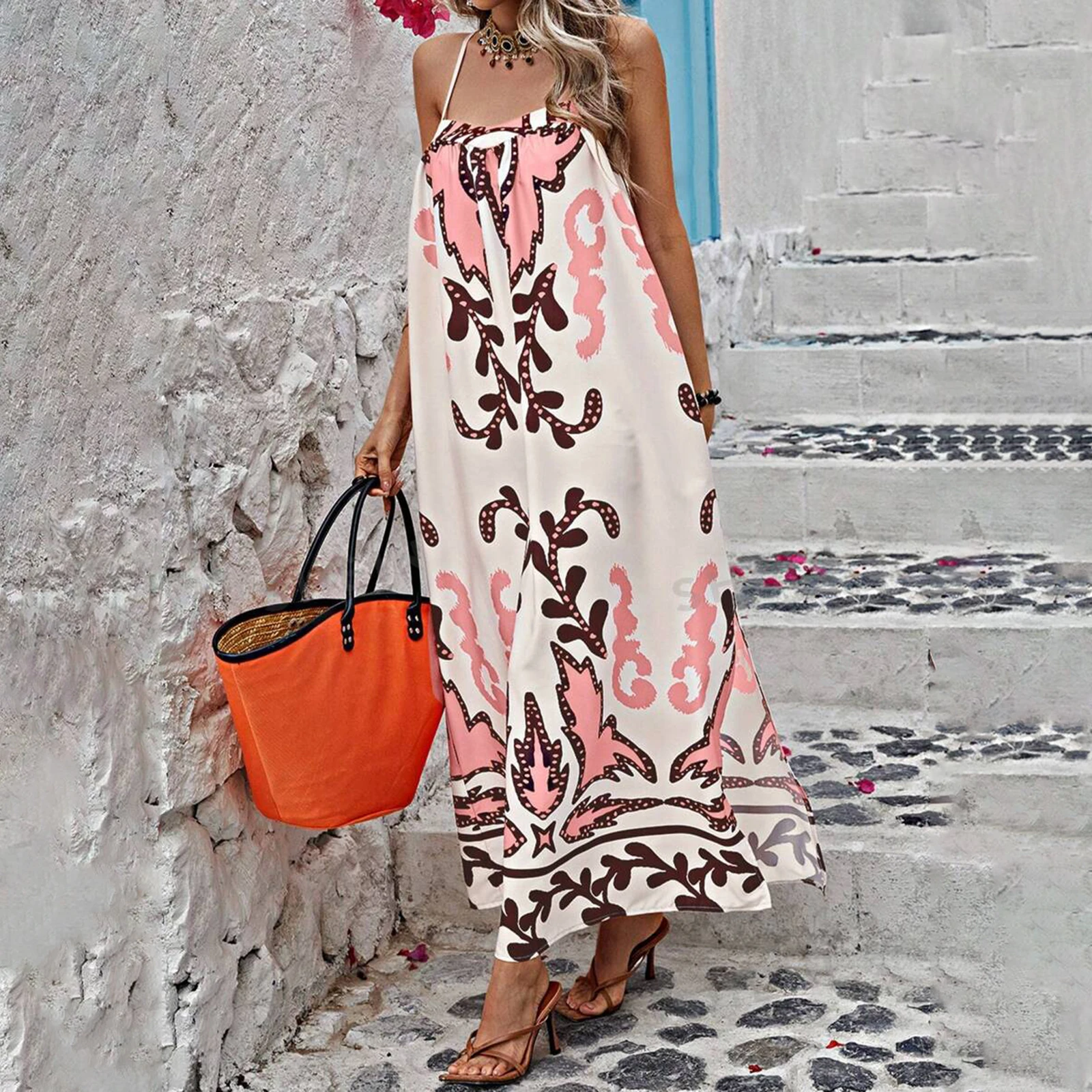 Vestido largo bohemio sin mangas con tirantes finos para mujer, ropa de playa con flores, línea A, Verano